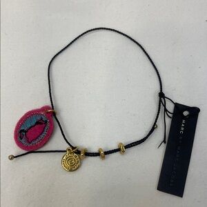 Marc by Marc Jacobs Black Cord Bracelet  Pink & Teal Embroidered Charm Gold